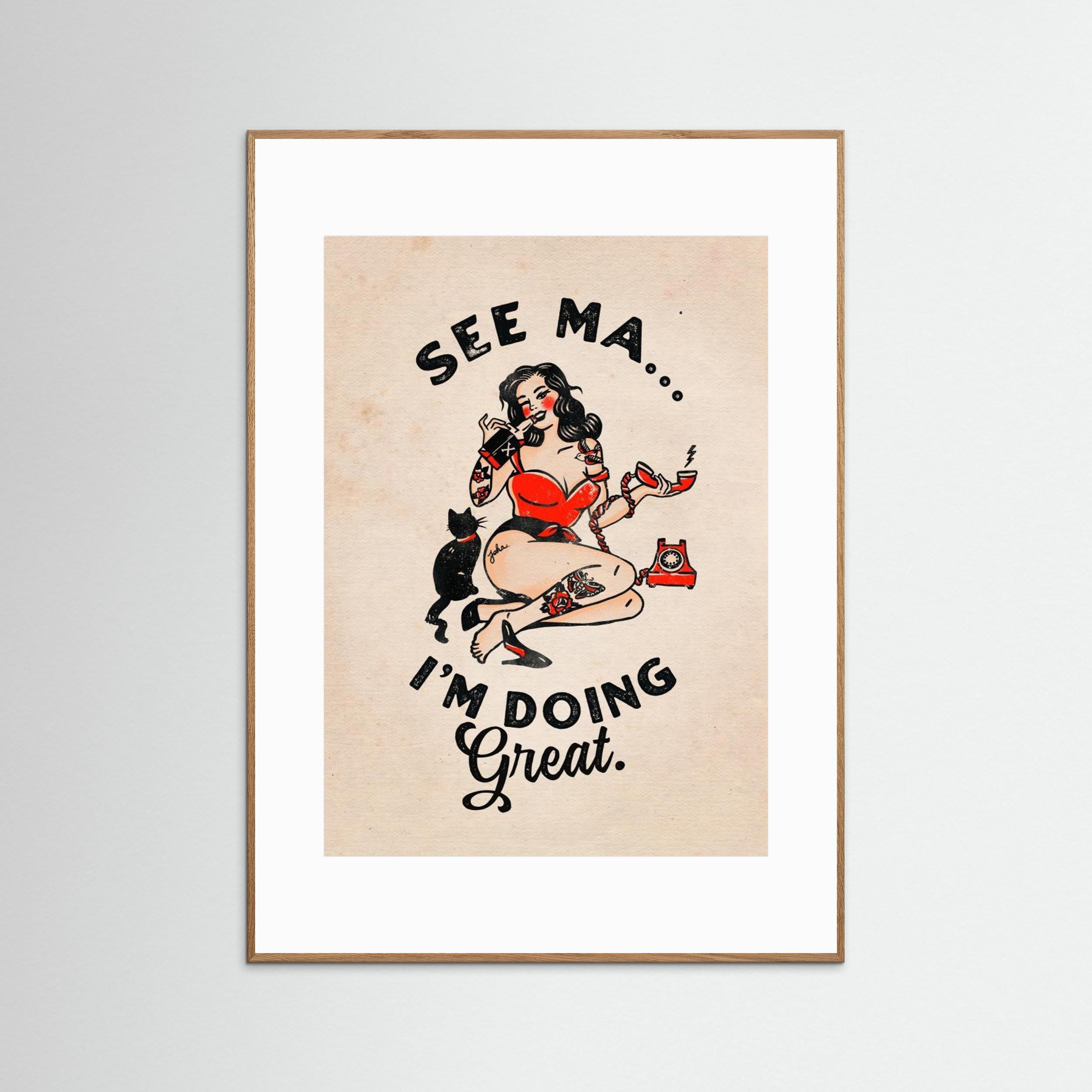 See Ma Poster Funny Vintage Pinup Girl & Cat by The Whiskey Ginger